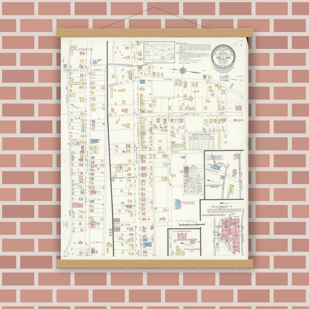Old map wall art mockup — magnetic wood frame on brick wall — Sanborn Fire Insurance Map from Hellam, York County, Pennsylvania (1939), Sheet #0001