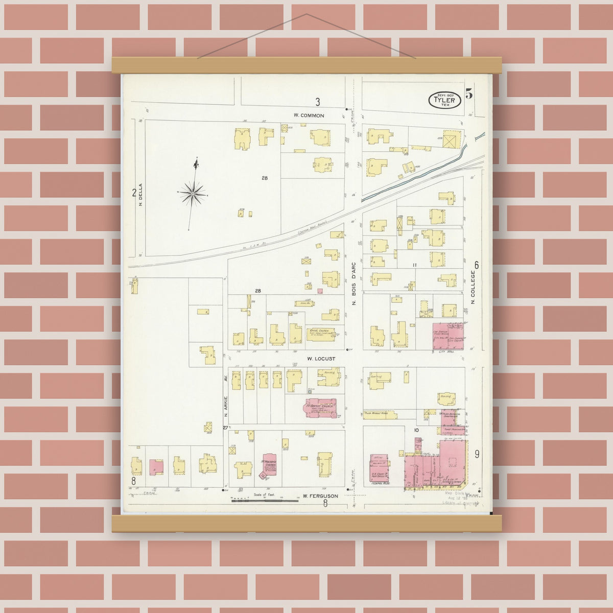 Old map wall art mockup — magnetic wood frame on brick wall — Sanborn Fire Insurance Map from Tyler, Smith County, Texas (1907), Sheet #0005