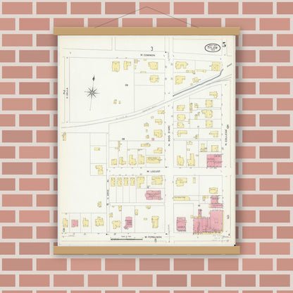 Old map wall art mockup — magnetic wood frame on brick wall — Sanborn Fire Insurance Map from Tyler, Smith County, Texas (1907), Sheet #0005
