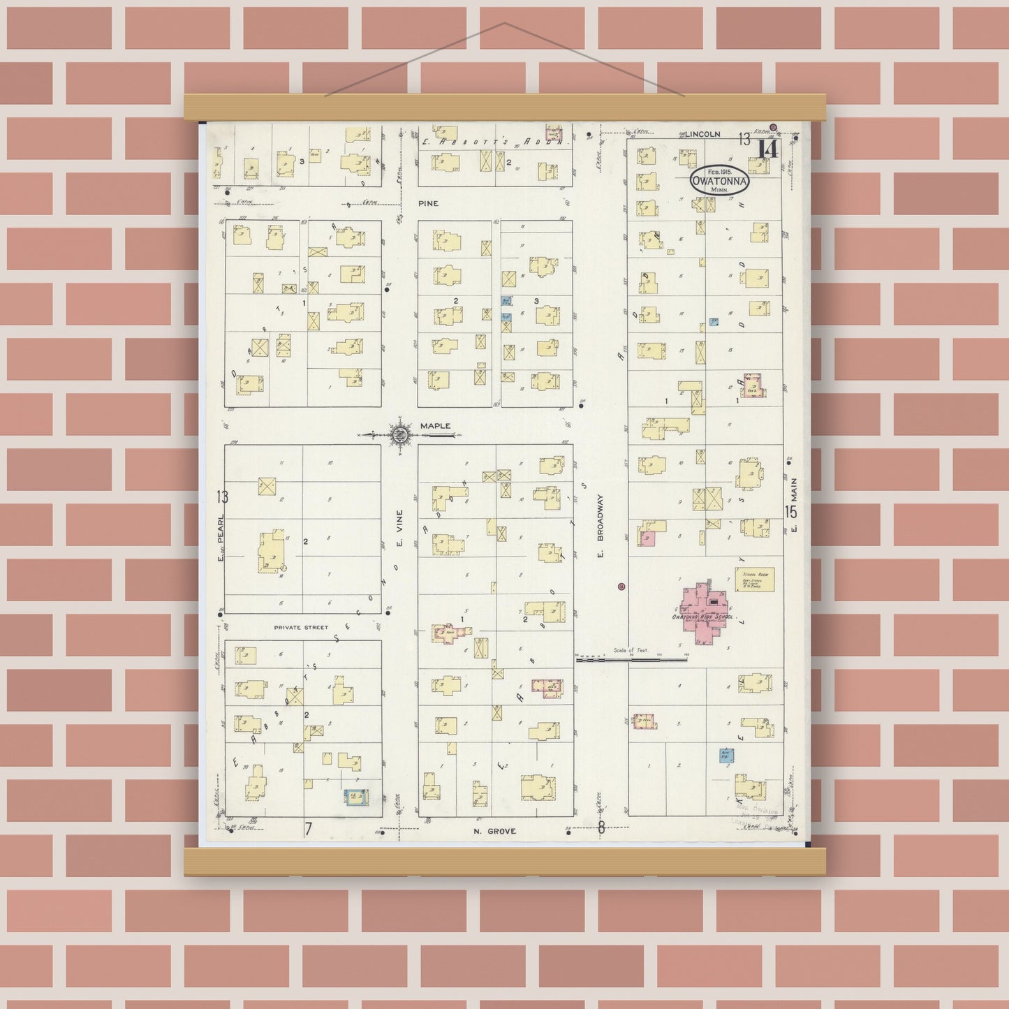 Old map wall art mockup — magnetic wood frame on brick wall — Sanborn Fire Insurance Map from Owatonna, Steele County, Minnesota (1915), Sheet #0014
