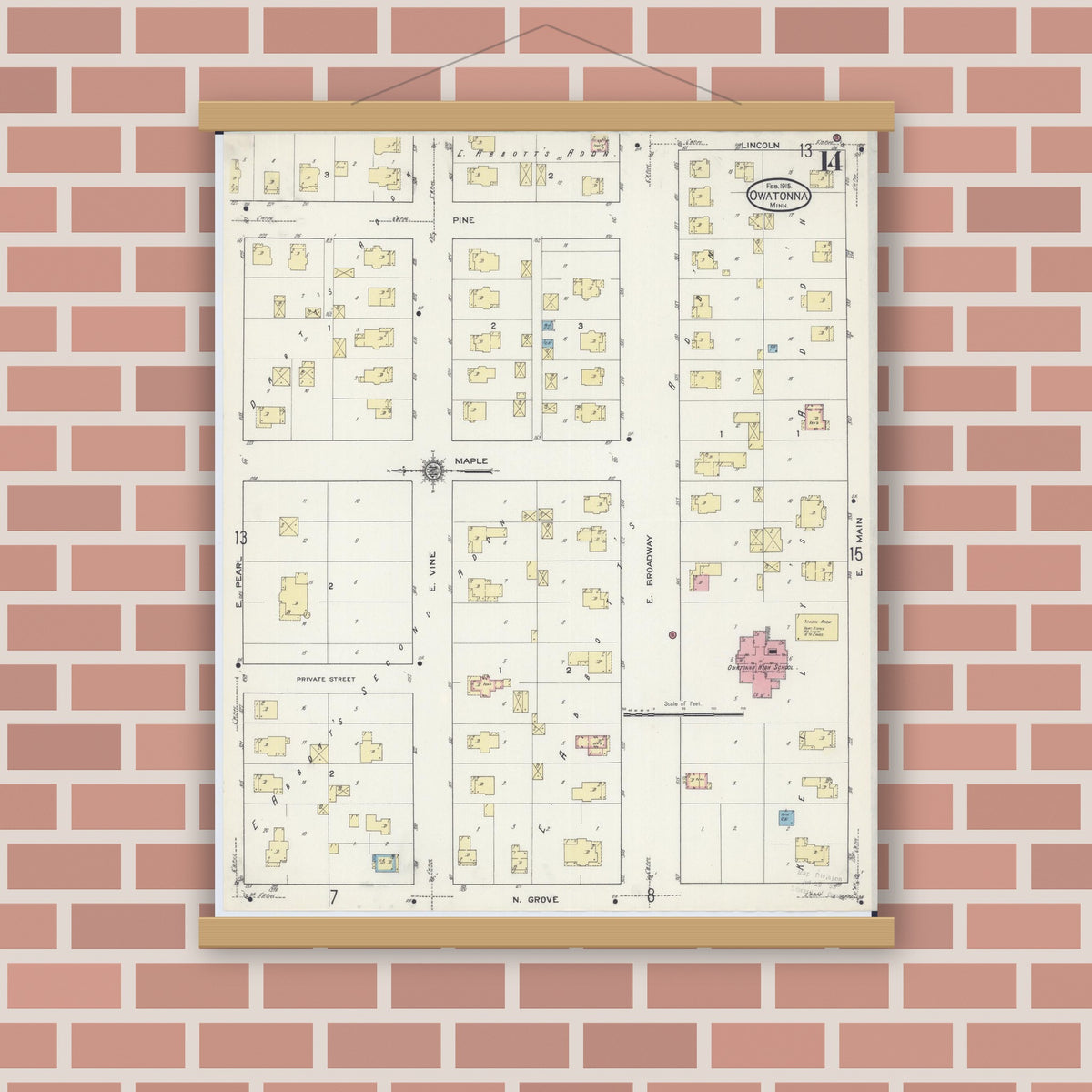 Old map wall art mockup — magnetic wood frame on brick wall — Sanborn Fire Insurance Map from Owatonna, Steele County, Minnesota (1915), Sheet #0014