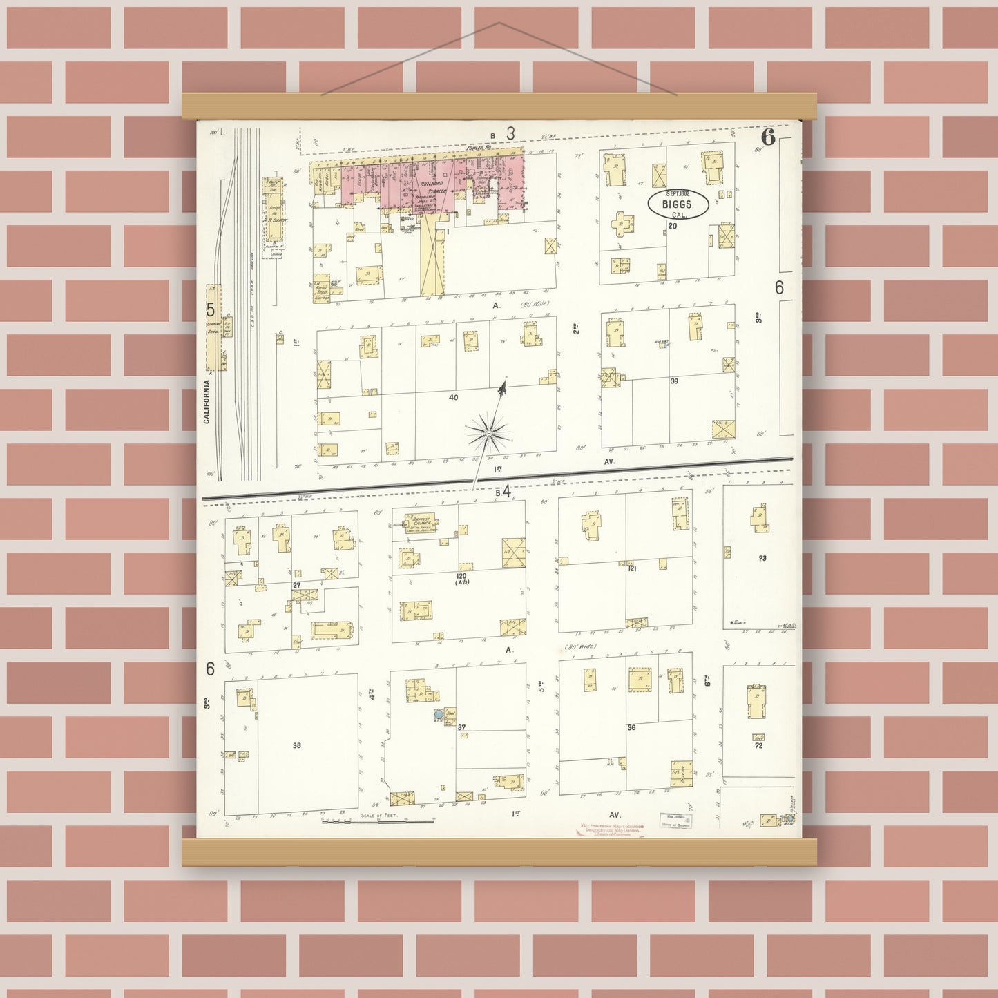 Old map wall art mockup — magnetic wood frame on brick wall — Sanborn Fire Insurance Map from Biggs, Butte County, California (1902), Sheet #0006
