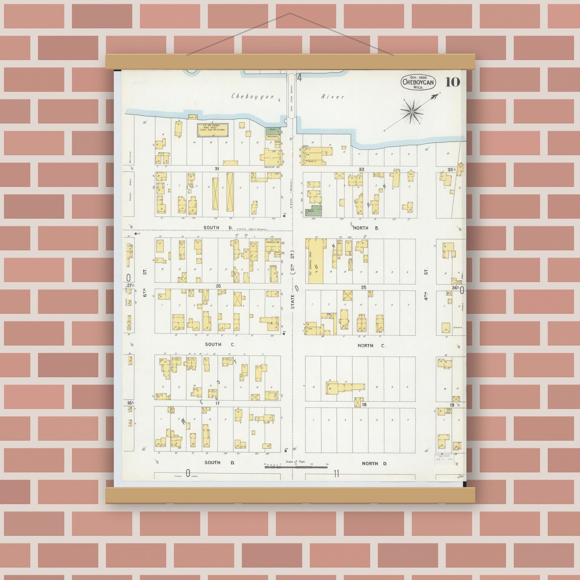 Old map wall art mockup — magnetic wood frame on brick wall — Sanborn Fire Insurance Map from Cheboygan, Cheboygan County, Michigan (1900), Sheet #0010