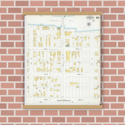 Old map wall art mockup — magnetic wood frame on brick wall — Sanborn Fire Insurance Map from Cheboygan, Cheboygan County, Michigan (1900), Sheet #0010