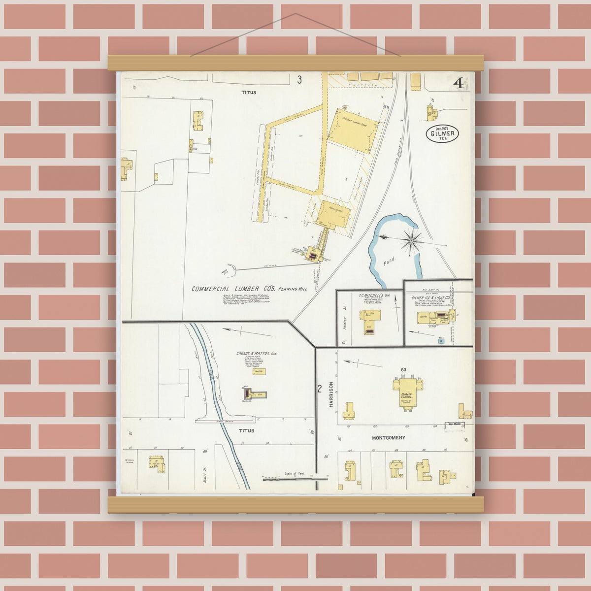 Old map wall art mockup — magnetic wood frame on brick wall — Sanborn Fire Insurance Map from Gilmer, Upshur County, Texas (1902), Sheet #0004