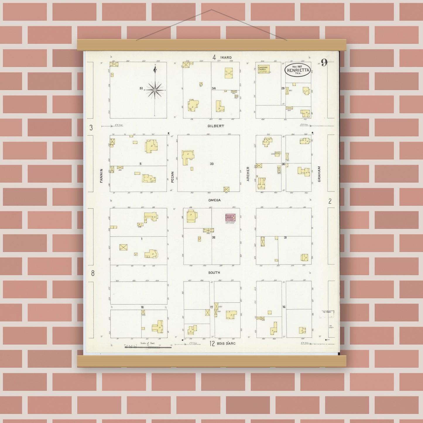 Old map wall art mockup — magnetic wood frame on brick wall — Sanborn Fire Insurance Map from Henrietta, Clay County, Texas (1907), Sheet #0009