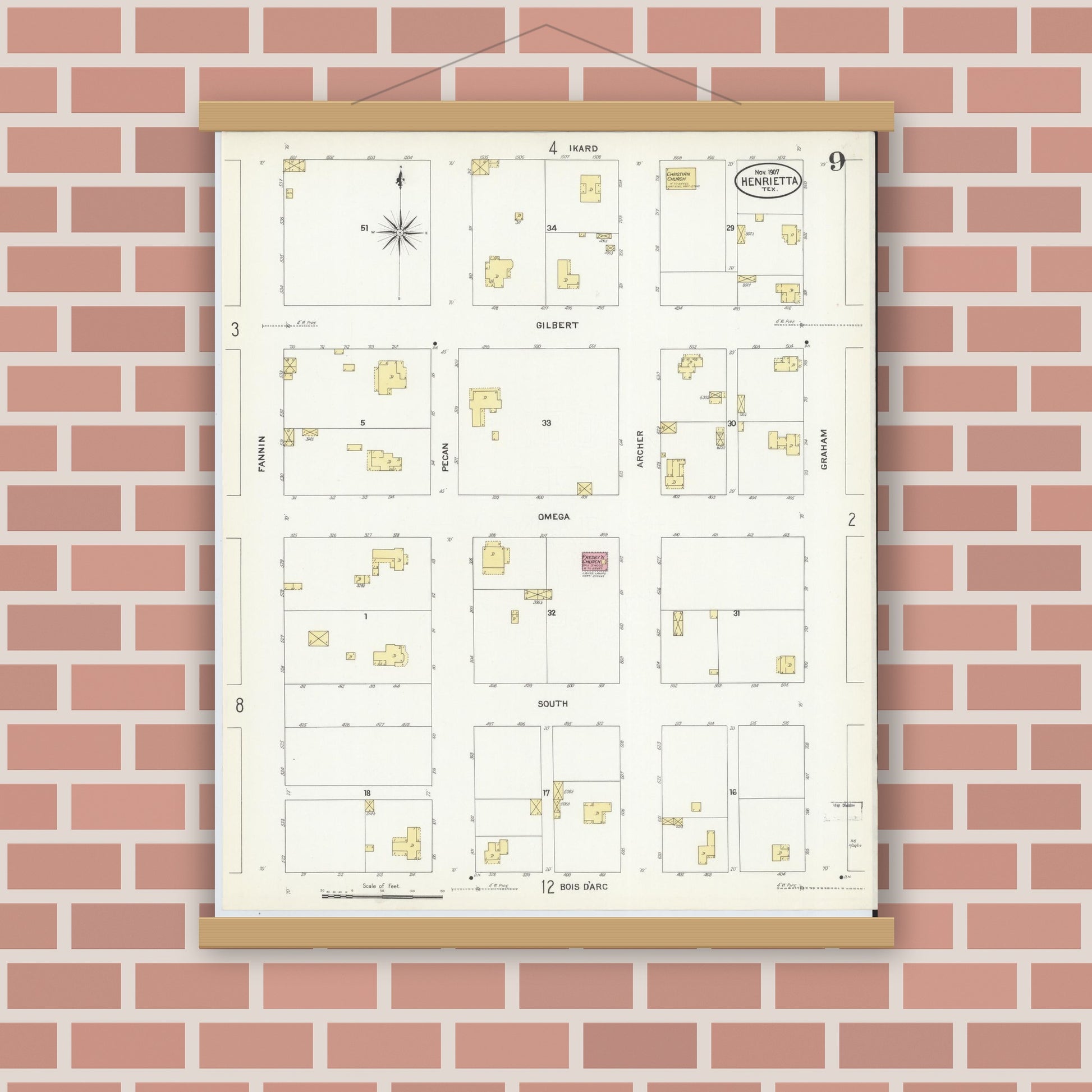 Old map wall art mockup — magnetic wood frame on brick wall — Sanborn Fire Insurance Map from Henrietta, Clay County, Texas (1907), Sheet #0009