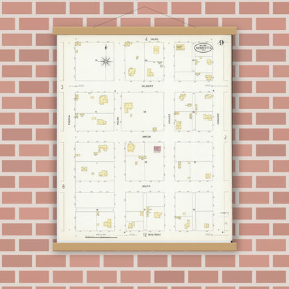 Old map wall art mockup — magnetic wood frame on brick wall — Sanborn Fire Insurance Map from Henrietta, Clay County, Texas (1907), Sheet #0009