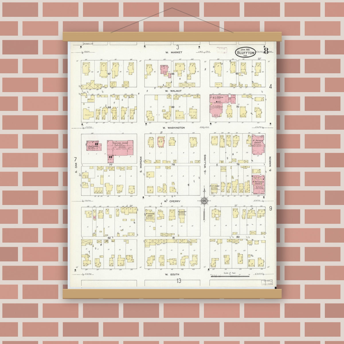 Old map wall art mockup — magnetic wood frame on brick wall — Sanborn Fire Insurance Map from Bluffton, Wells County, Indiana (1912), Sheet #0008
