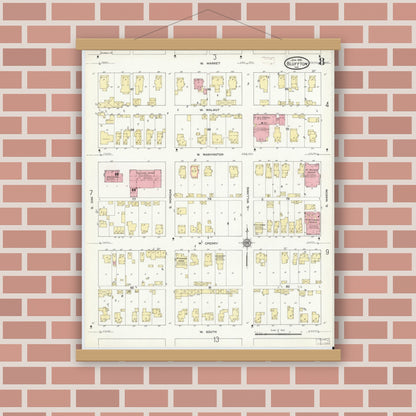 Old map wall art mockup — magnetic wood frame on brick wall — Sanborn Fire Insurance Map from Bluffton, Wells County, Indiana (1912), Sheet #0008