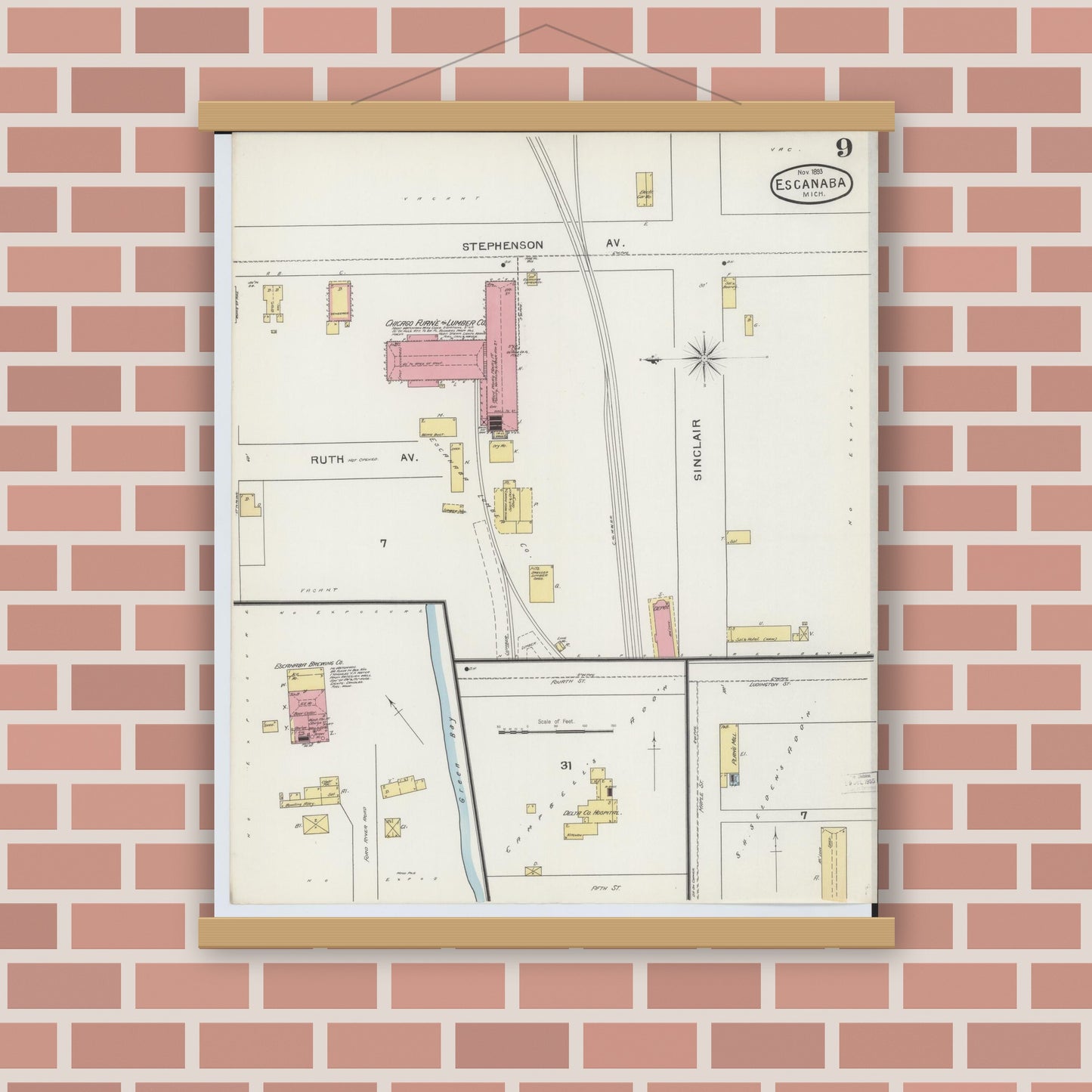 Old map wall art mockup — magnetic wood frame on brick wall — Sanborn Fire Insurance Map from Escanaba, Delta County, Michigan (1893), Sheet #0009