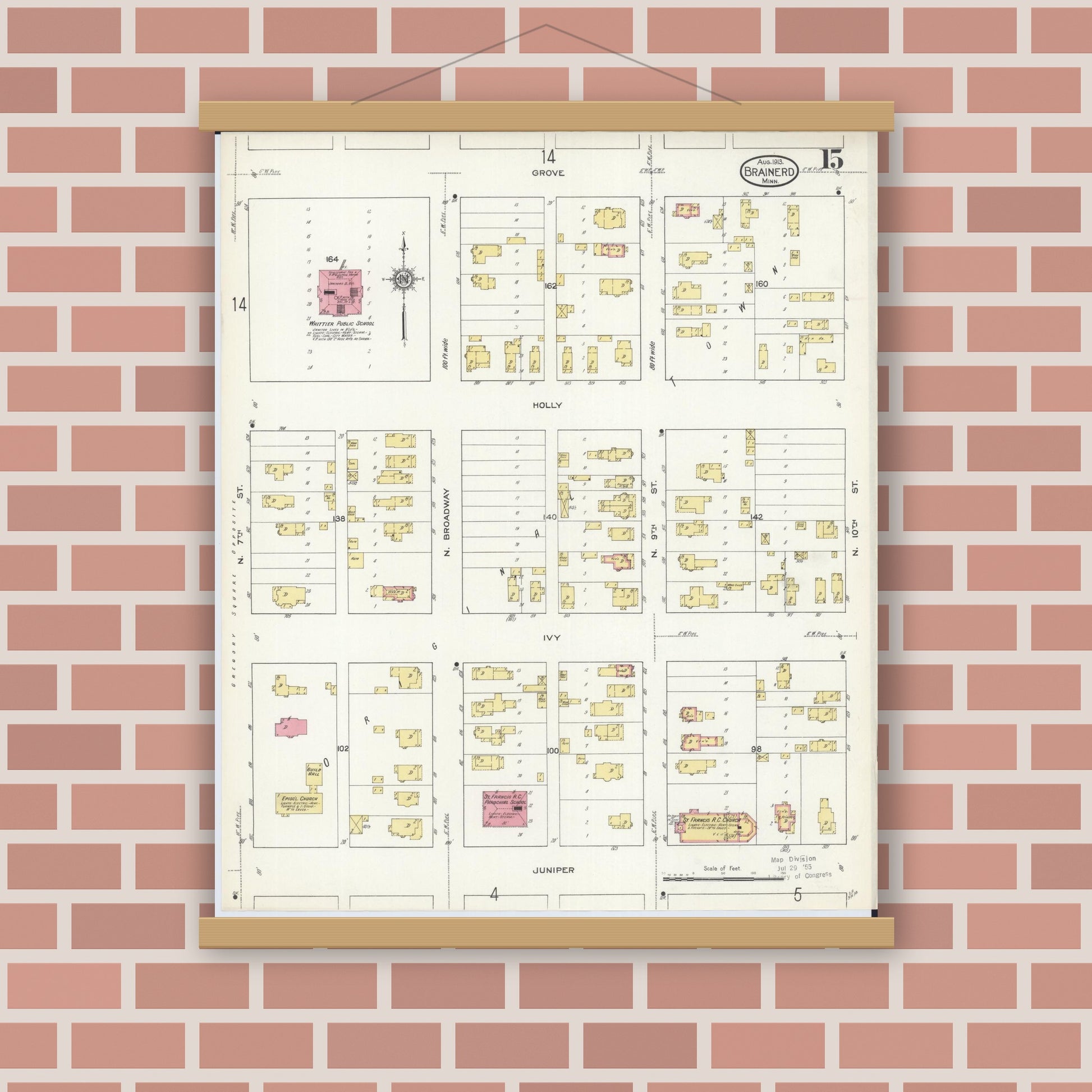Old map wall art mockup — magnetic wood frame on brick wall — Sanborn Fire Insurance Map from Brainerd, Crow Wing County, Minnesota (1913), Sheet #0015