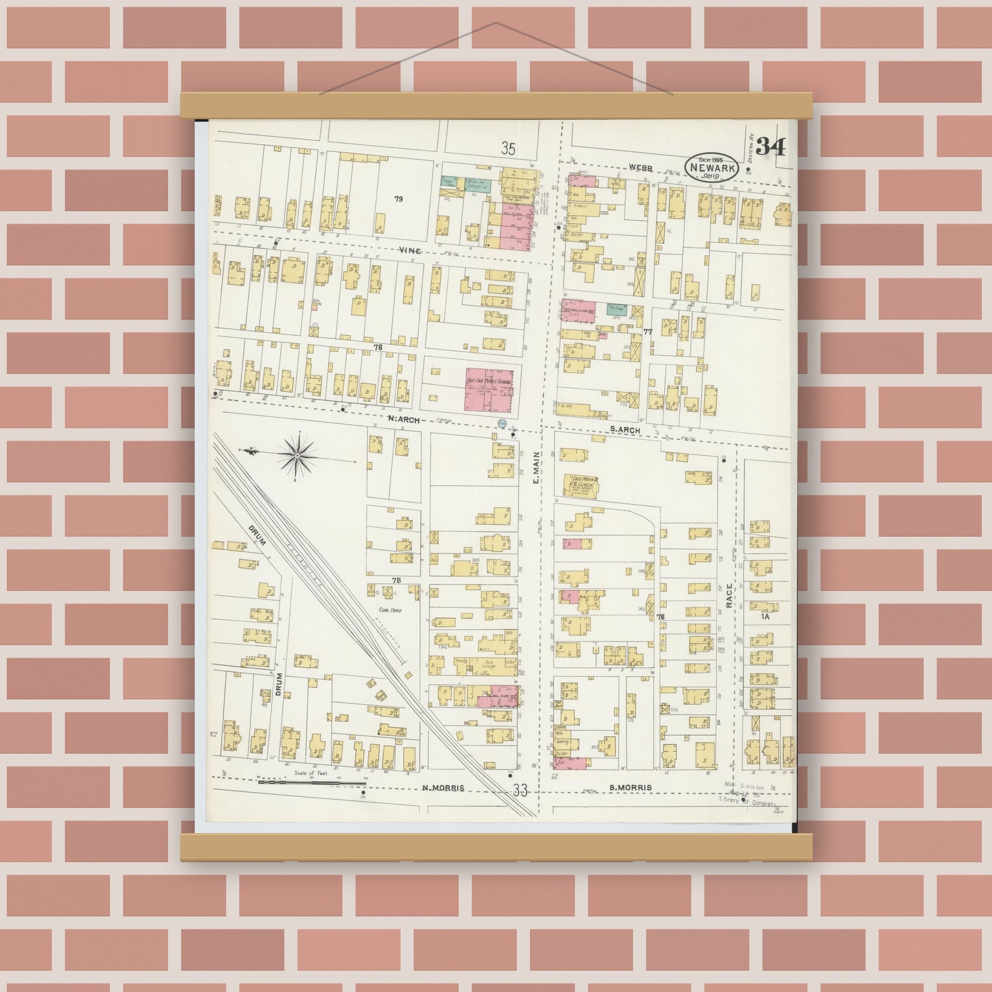 Old map wall art mockup — magnetic wood frame on brick wall — Sanborn Fire Insurance Map from Newark, Licking County, Ohio (1905), Sheet #0034