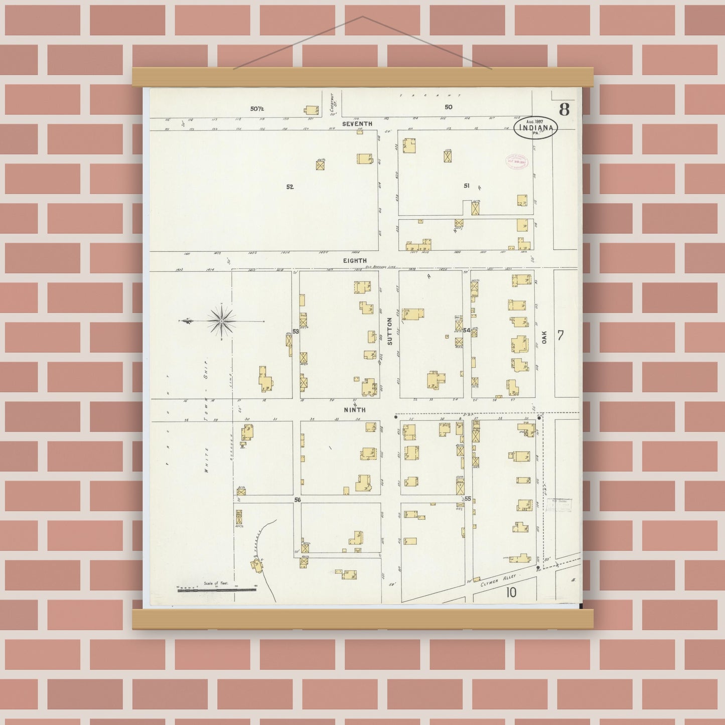 Old map wall art mockup — magnetic wood frame on brick wall — Sanborn Fire Insurance Map from Indiana, Indiana County, Pennsylvania (1888), Sheet #0008