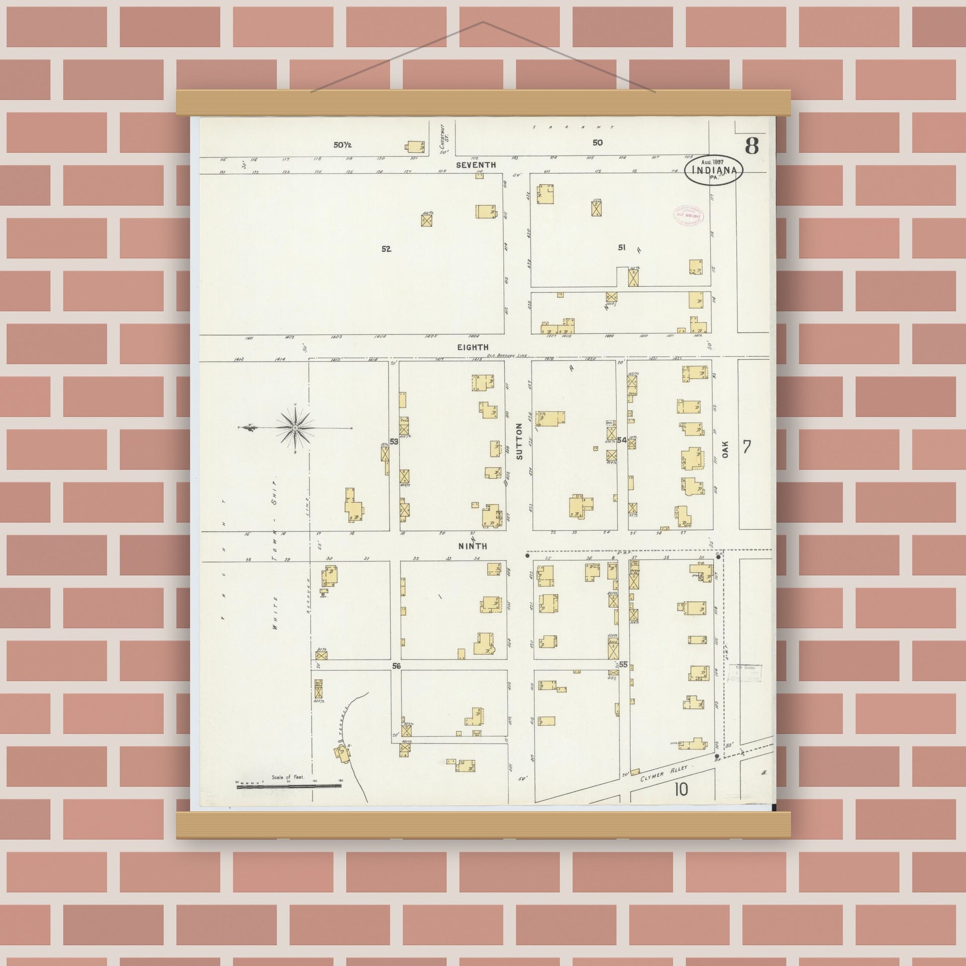 Old map wall art mockup — magnetic wood frame on brick wall — Sanborn Fire Insurance Map from Indiana, Indiana County, Pennsylvania (1888), Sheet #0008
