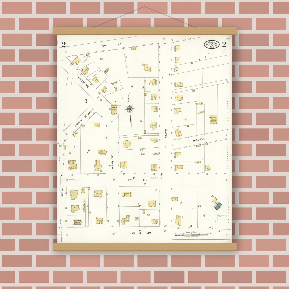 Old map wall art mockup — magnetic wood frame on brick wall — Sanborn Fire Insurance Map from Hico, Hamilton County, Texas (1923), Sheet #0002
