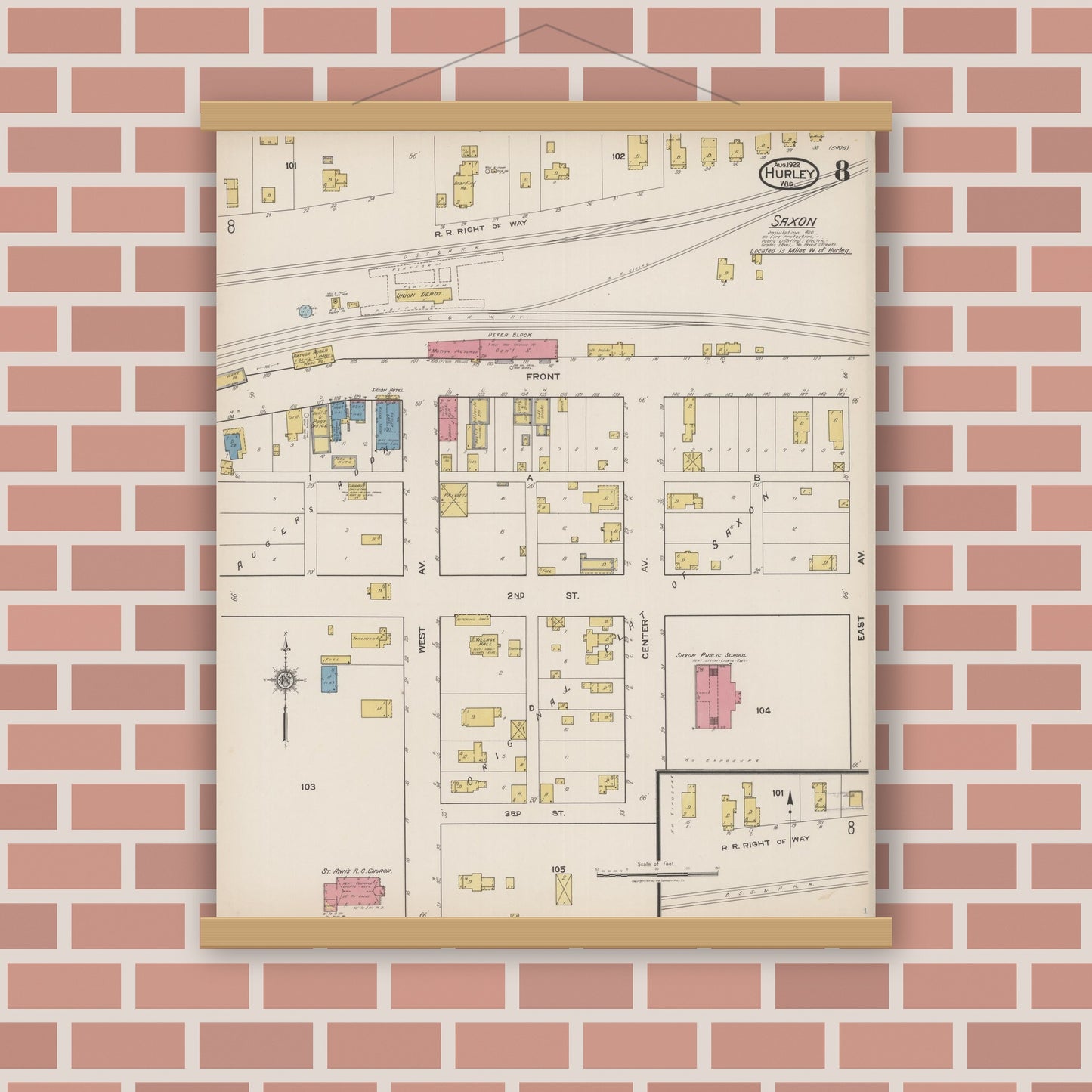 Old map wall art mockup — magnetic wood frame on brick wall — Sanborn Fire Insurance Map from Hurley, Iron County, Wisconsin (1922), Sheet #0008
