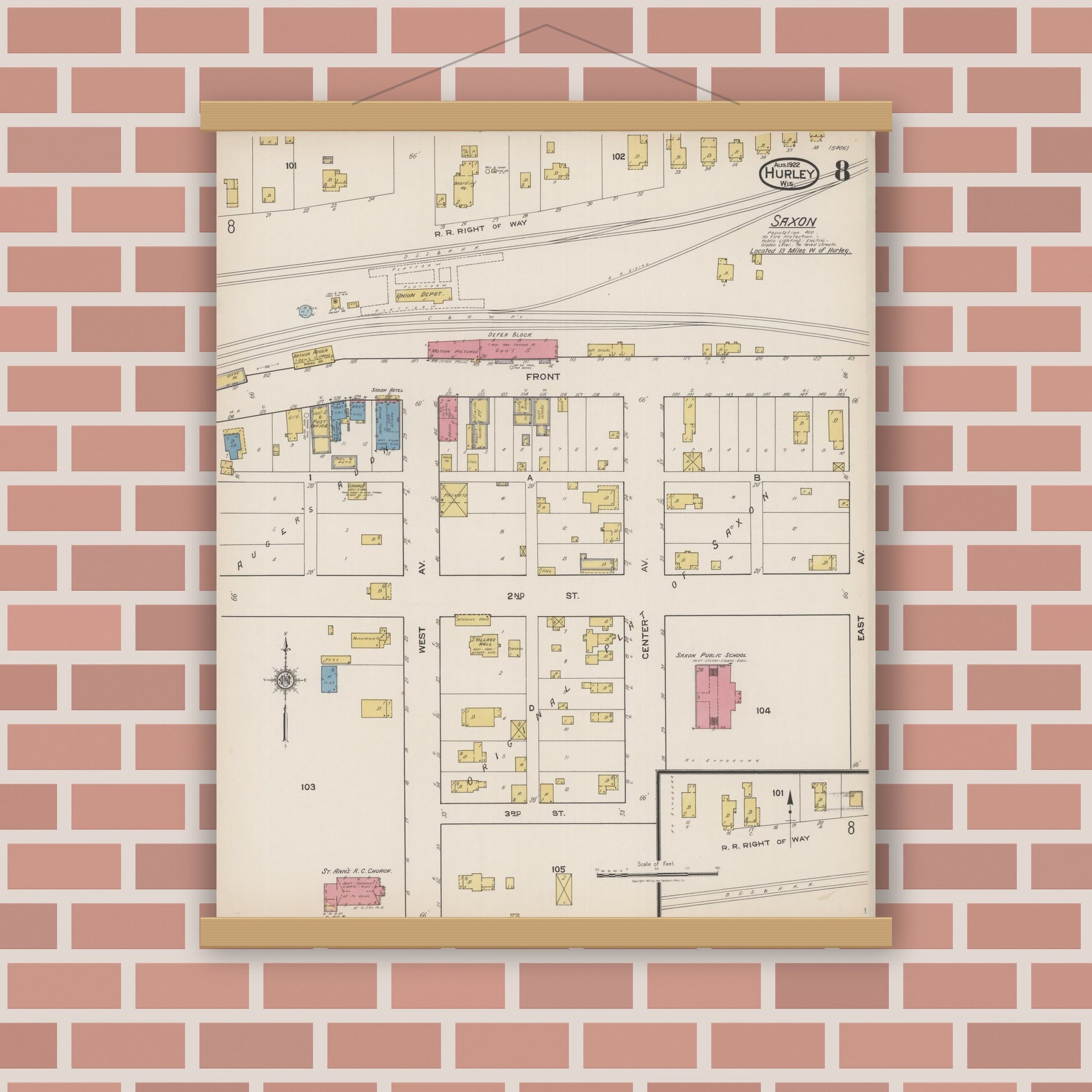 Old map wall art mockup — magnetic wood frame on brick wall — Sanborn Fire Insurance Map from Hurley, Iron County, Wisconsin (1922), Sheet #0008