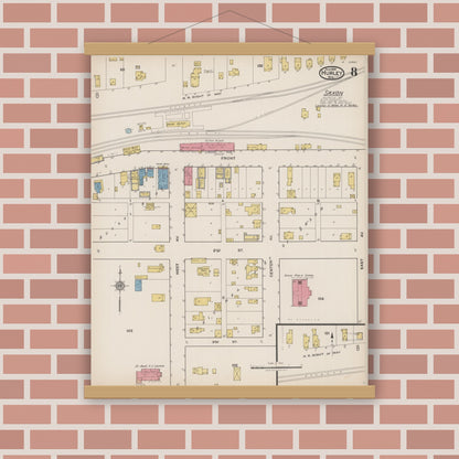 Old map wall art mockup — magnetic wood frame on brick wall — Sanborn Fire Insurance Map from Hurley, Iron County, Wisconsin (1922), Sheet #0008