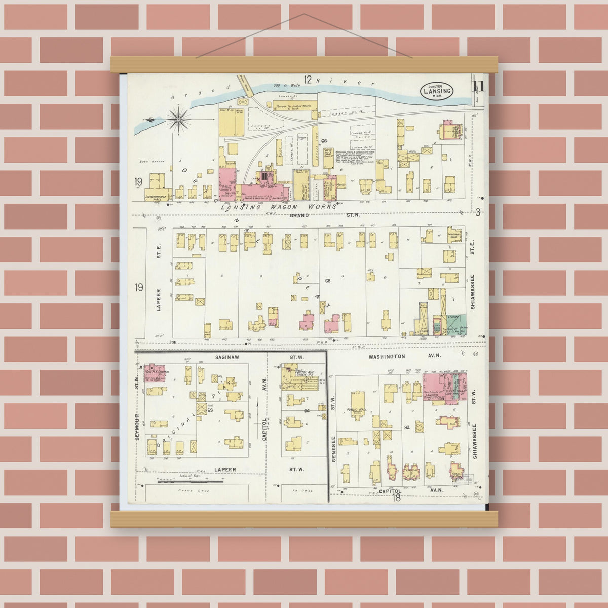Old map wall art mockup — magnetic wood frame on brick wall — Sanborn Fire Insurance Map from Lansing, Ingham County, Michigan (1898), Sheet #0011