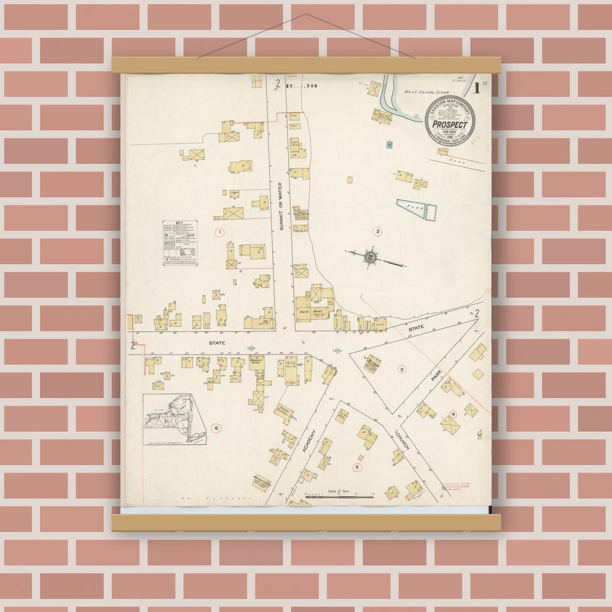 Old map wall art mockup — magnetic wood frame on brick wall — Sanborn Fire Insurance Map from Prospect, Oneida County, New York (1912), Sheet #0001