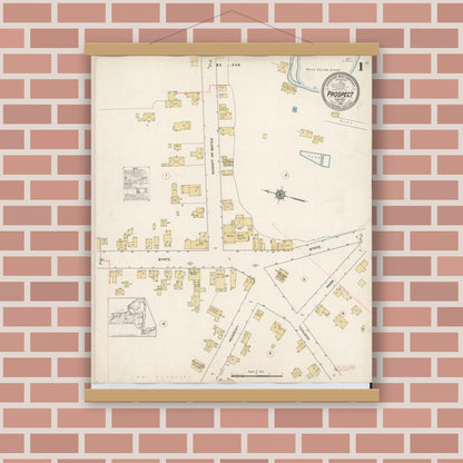 Old map wall art mockup — magnetic wood frame on brick wall — Sanborn Fire Insurance Map from Prospect, Oneida County, New York (1912), Sheet #0001
