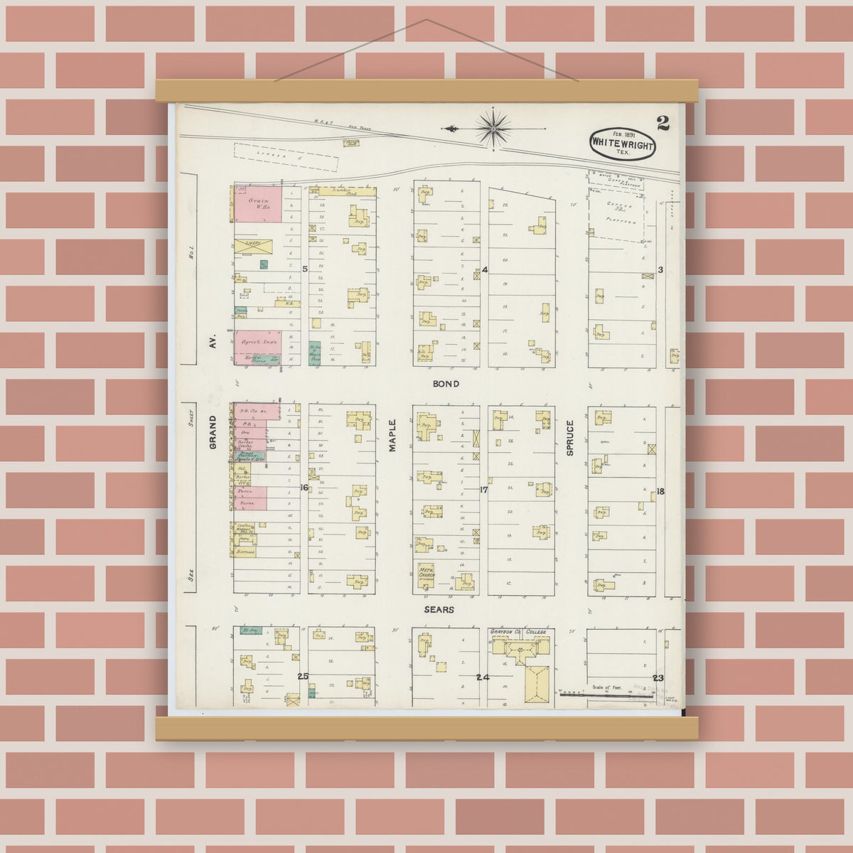Old map wall art mockup — magnetic wood frame on brick wall — Sanborn Fire Insurance Map from Whitewright, Grayson County, Texas (1891), Sheet #0002