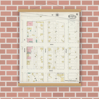 Old map wall art mockup — magnetic wood frame on brick wall — Sanborn Fire Insurance Map from Whitewright, Grayson County, Texas (1891), Sheet #0002