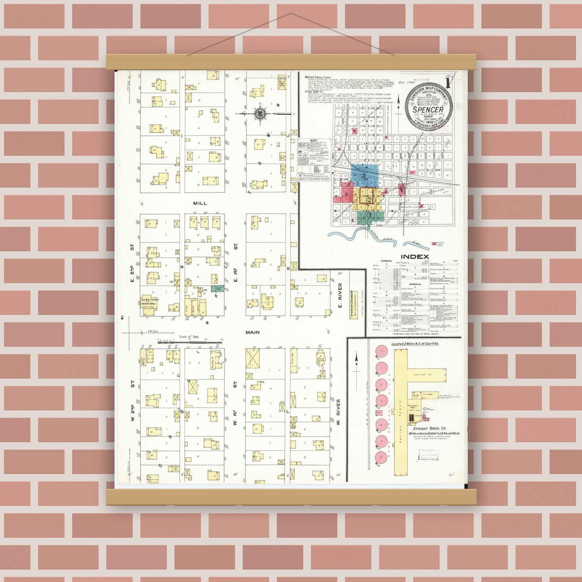 Old map wall art mockup — magnetic wood frame on brick wall — Sanborn Fire Insurance Map from Spencer, Clay County, Iowa (1909), Sheet #0001