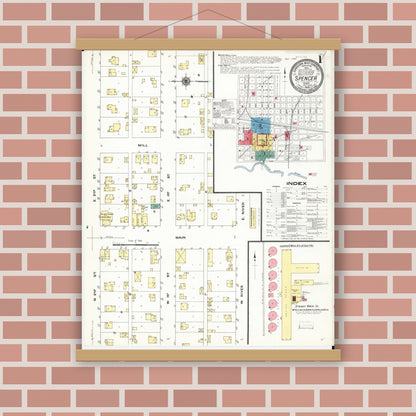 Old map wall art mockup — magnetic wood frame on brick wall — Sanborn Fire Insurance Map from Spencer, Clay County, Iowa (1909), Sheet #0001