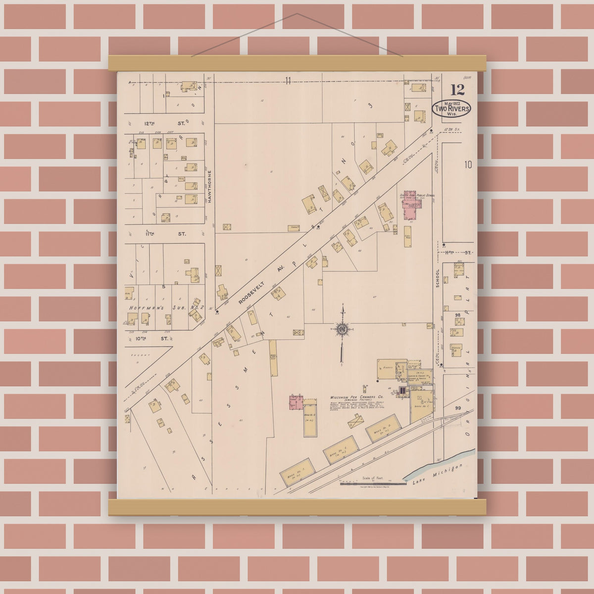 Old map wall art mockup — magnetic wood frame on brick wall — Sanborn Fire Insurance Map from Two Rivers, Manitowoc County, Wisconsin (1922), Sheet #0012