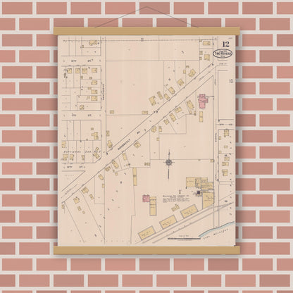 Old map wall art mockup — magnetic wood frame on brick wall — Sanborn Fire Insurance Map from Two Rivers, Manitowoc County, Wisconsin (1922), Sheet #0012
