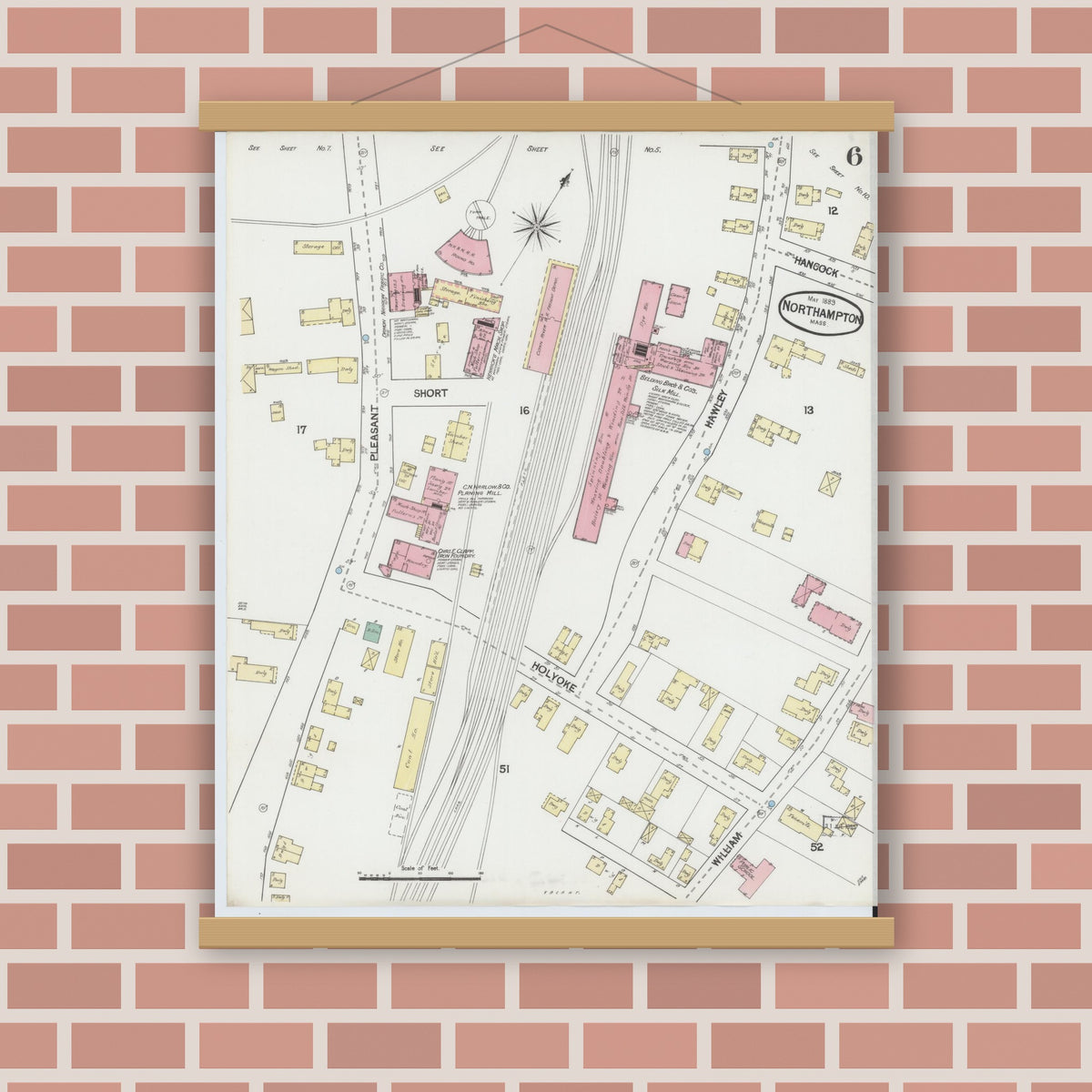 Old map wall art mockup — magnetic wood frame on brick wall — Sanborn Fire Insurance Map from Northampton, Hampshire County, Massachusetts (1889), Sheet #0006