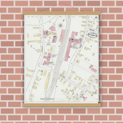 Old map wall art mockup — magnetic wood frame on brick wall — Sanborn Fire Insurance Map from Northampton, Hampshire County, Massachusetts (1889), Sheet #0006