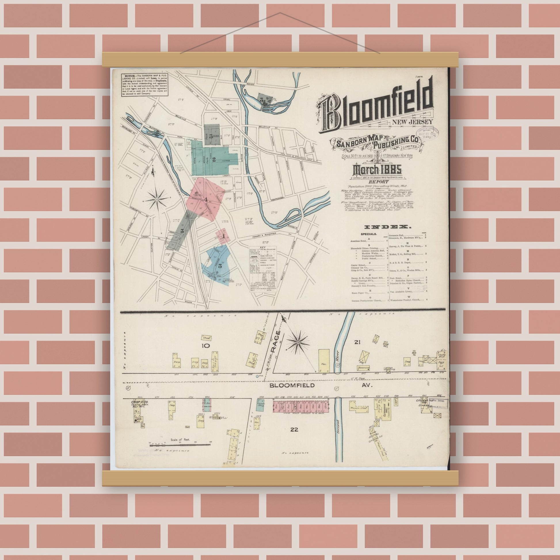 Old map wall art mockup — magnetic wood frame on brick wall — Sanborn Fire Insurance Map from Bloomfield, Essex County, New Jersey (1885) - Complete Map Set