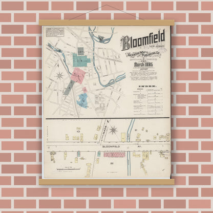 Old map wall art mockup — magnetic wood frame on brick wall — Sanborn Fire Insurance Map from Bloomfield, Essex County, New Jersey (1885) - Complete Map Set