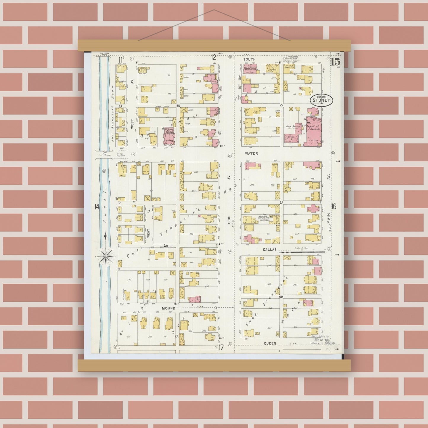 Old map wall art mockup — magnetic wood frame on brick wall — Sanborn Fire Insurance Map from Sidney, Shelby County, Ohio (1898), Sheet #0015