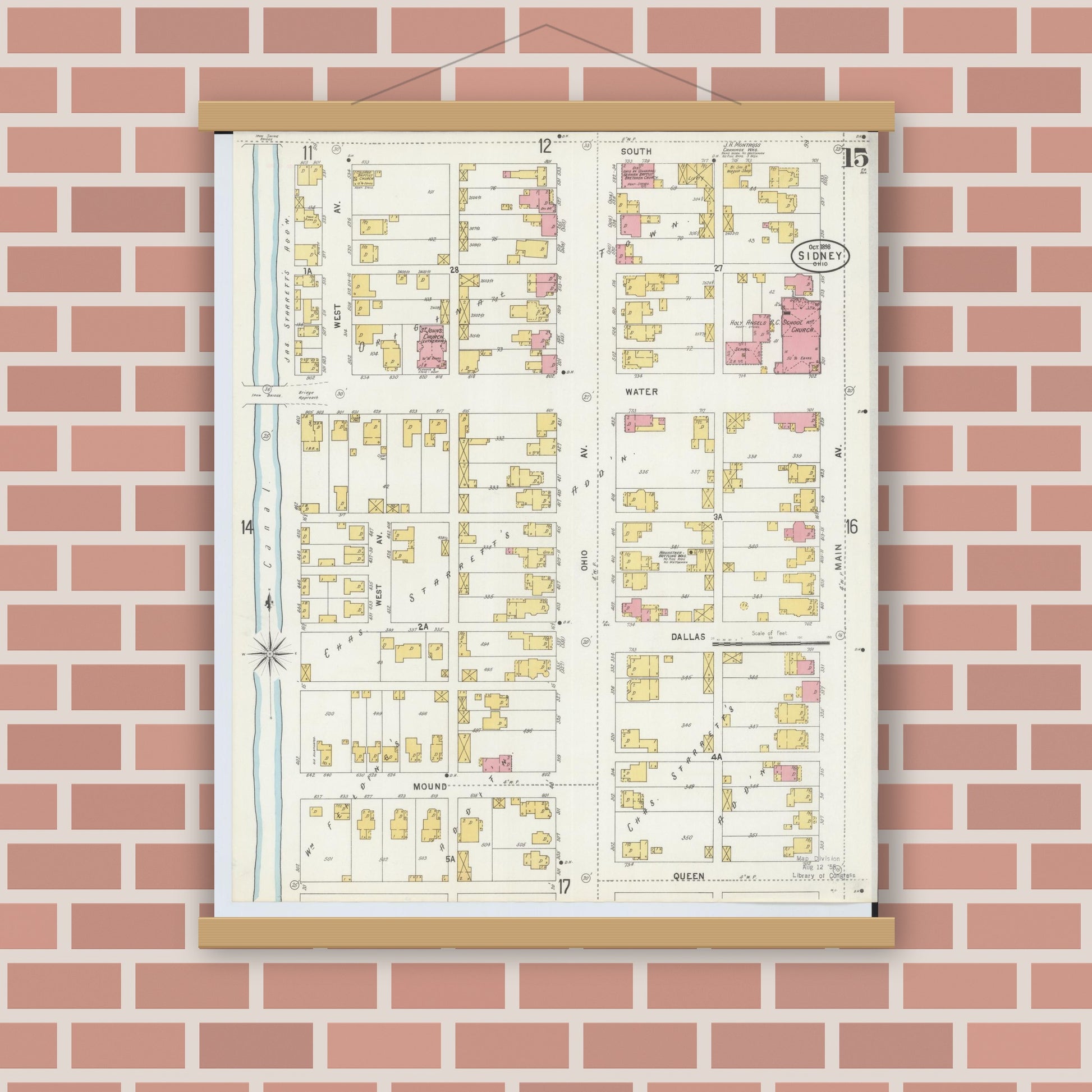 Old map wall art mockup — magnetic wood frame on brick wall — Sanborn Fire Insurance Map from Sidney, Shelby County, Ohio (1898), Sheet #0015