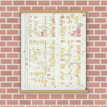 Old map wall art mockup — magnetic wood frame on brick wall — Sanborn Fire Insurance Map from Sidney, Shelby County, Ohio (1898), Sheet #0015