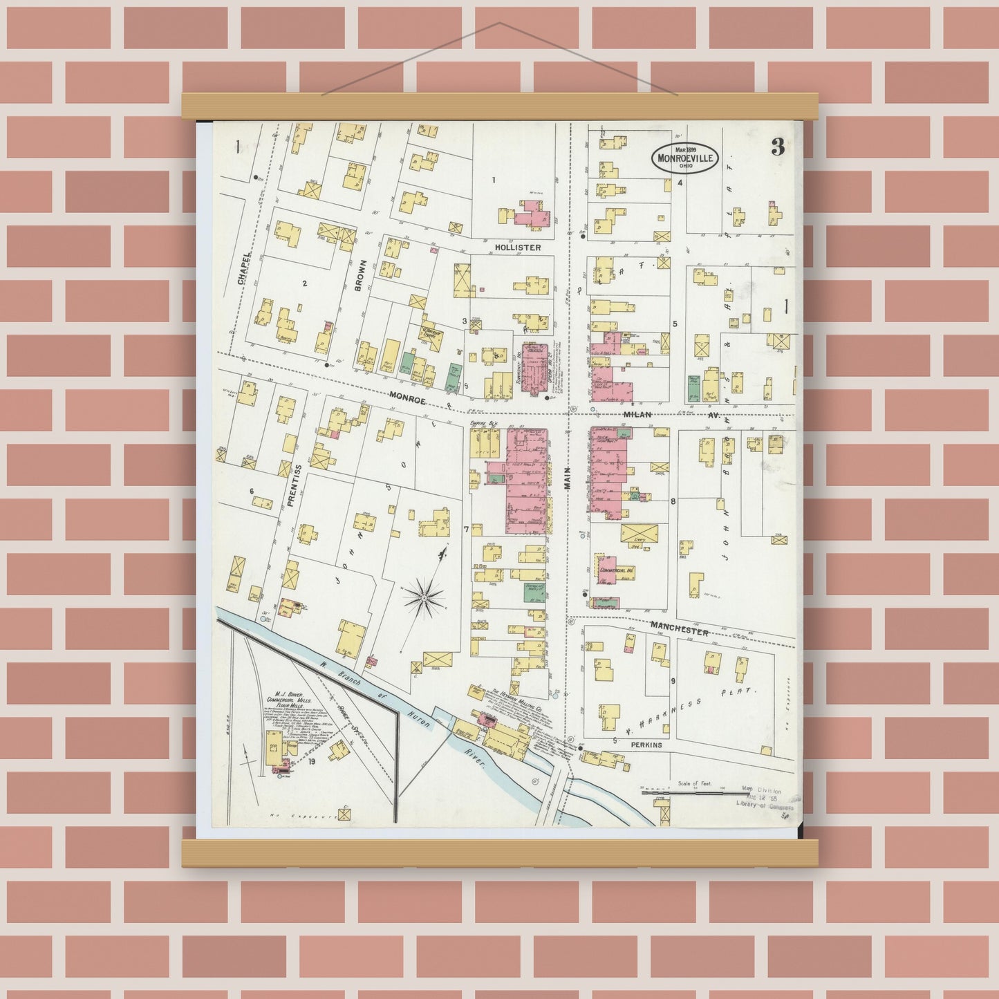 Old map wall art mockup — magnetic wood frame on brick wall — Sanborn Fire Insurance Map from Monroeville, Huron County, Ohio (1899), Sheet #0003