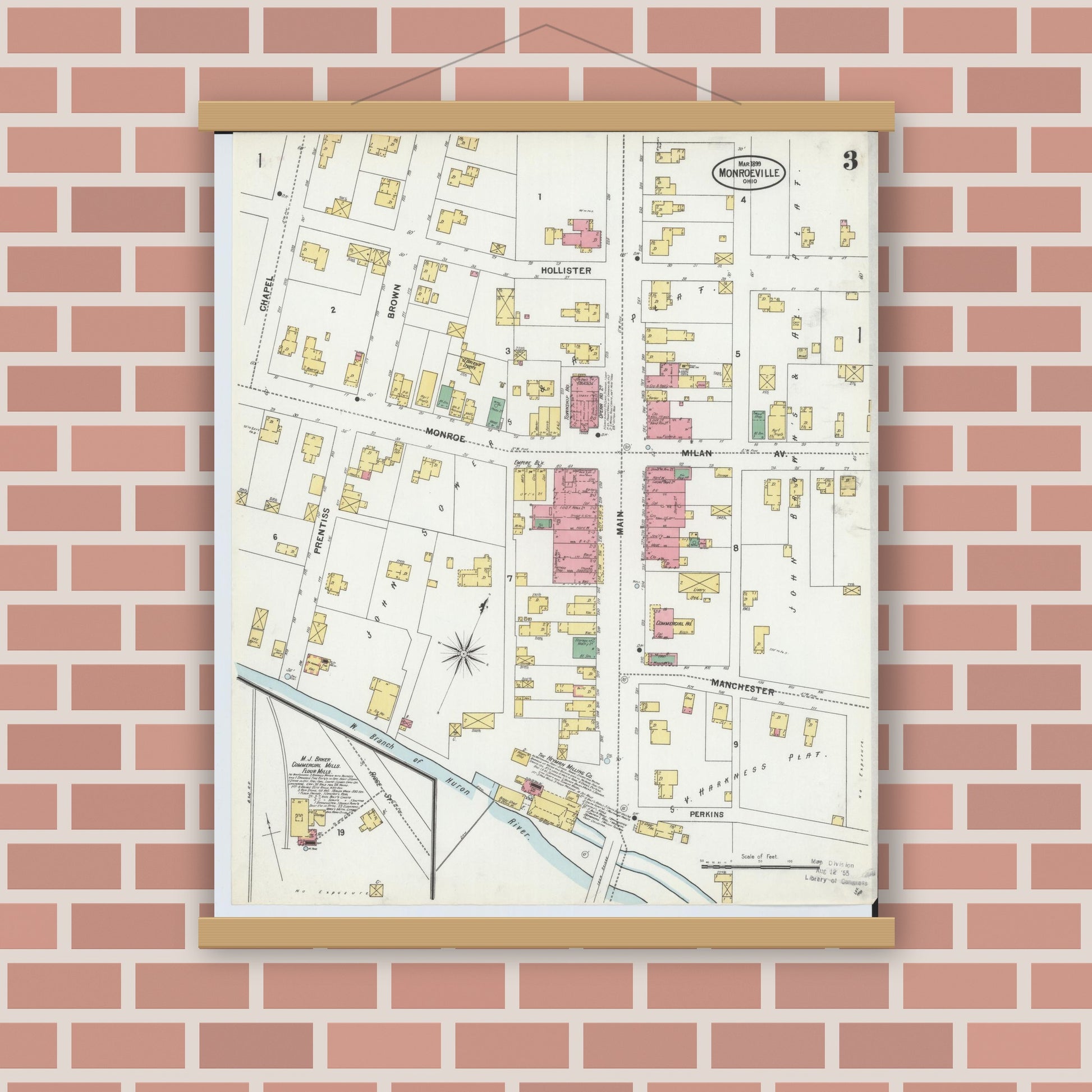 Old map wall art mockup — magnetic wood frame on brick wall — Sanborn Fire Insurance Map from Monroeville, Huron County, Ohio (1899), Sheet #0003