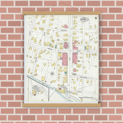 Old map wall art mockup — magnetic wood frame on brick wall — Sanborn Fire Insurance Map from Monroeville, Huron County, Ohio (1899), Sheet #0003
