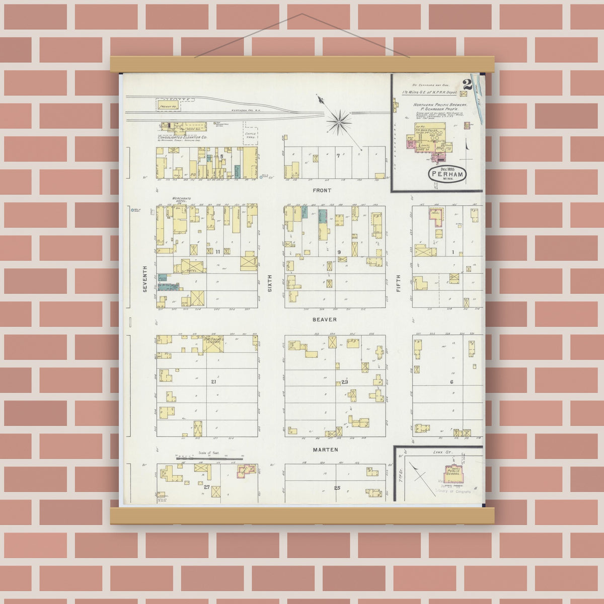 Old map wall art mockup — magnetic wood frame on brick wall — Sanborn Fire Insurance Map from Perham, Otter Tail County, Minnesota (1895), Sheet #0002