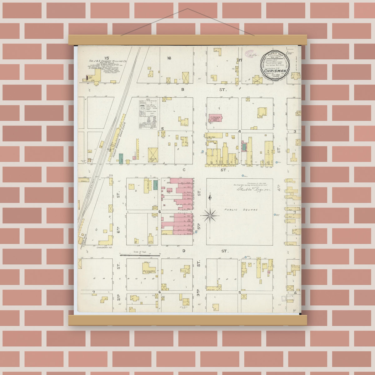 Old map wall art mockup — magnetic wood frame on brick wall — Sanborn Fire Insurance Map from Chrisman, Edgar County, Illinois (1893), Sheet #0001