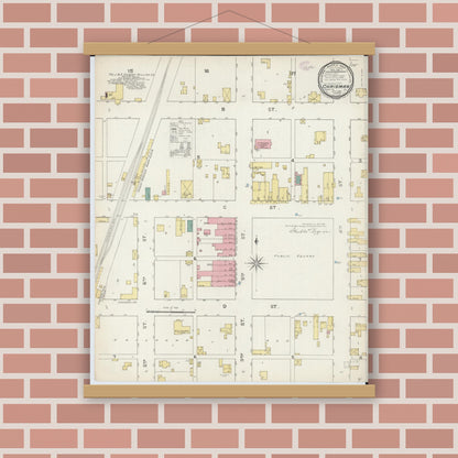 Old map wall art mockup — magnetic wood frame on brick wall — Sanborn Fire Insurance Map from Chrisman, Edgar County, Illinois (1893), Sheet #0001