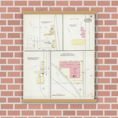 Old map wall art mockup — magnetic wood frame on brick wall — Sanborn Fire Insurance Map from Temple, Bell County, Texas (1893), Sheet #0008