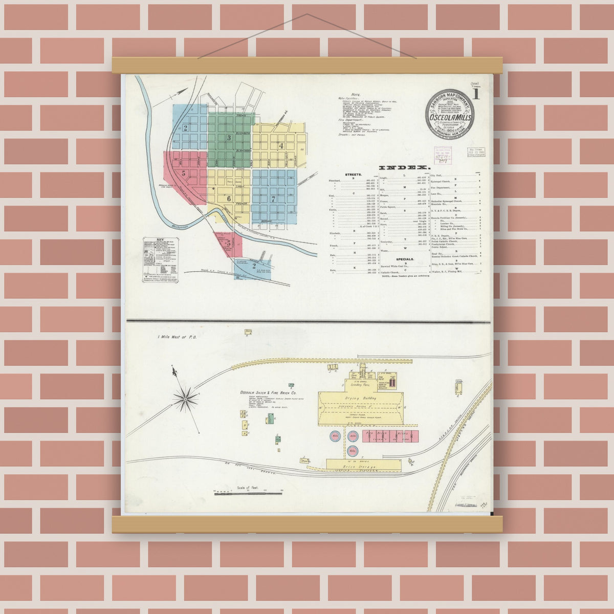 Old map wall art mockup — magnetic wood frame on brick wall — Sanborn Fire Insurance Map from Osceola Mills, Clearfield County, Pennsylvania (1904) - Complete Map Set