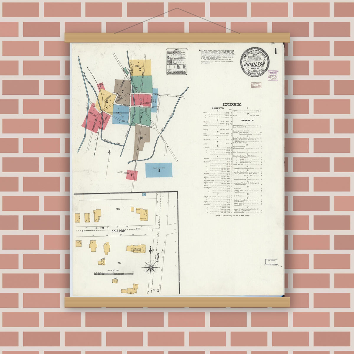 Old map wall art mockup — magnetic wood frame on brick wall — Sanborn Fire Insurance Map from Hamilton, Madison County, New York (1906), Sheet #0001