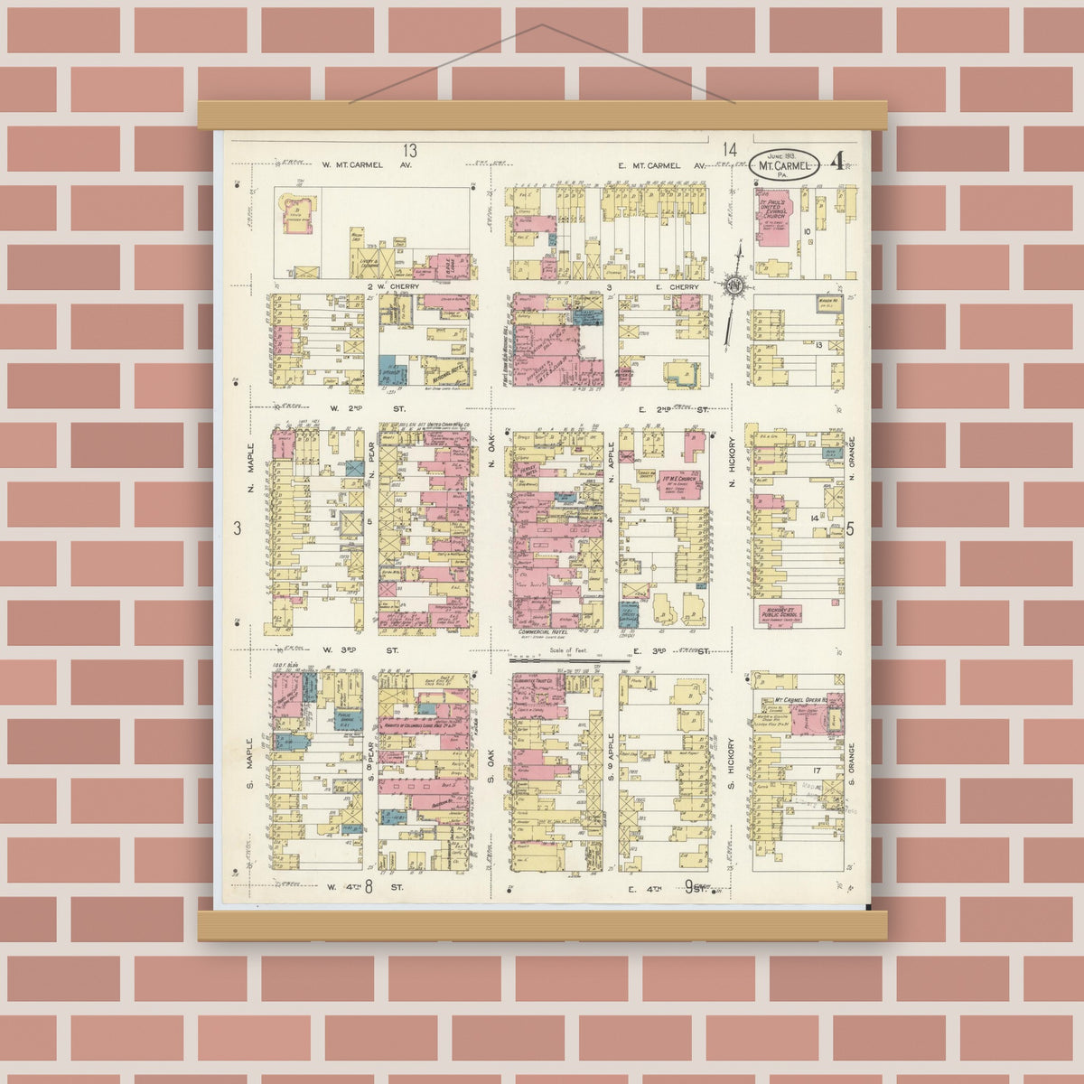 Old map wall art mockup — magnetic wood frame on brick wall — Sanborn Fire Insurance Map from Mount Carmel, Northumberland County, Pennsylvania (1913), Sheet #0004