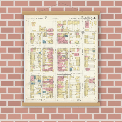 Old map wall art mockup — magnetic wood frame on brick wall — Sanborn Fire Insurance Map from Mount Carmel, Northumberland County, Pennsylvania (1913), Sheet #0004